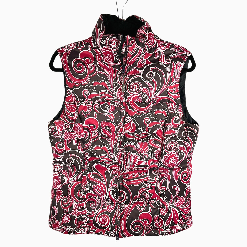Athleta Vest Womens Sz M Puffer Floral Goose Down Paisley Boho Winter Pink Brown